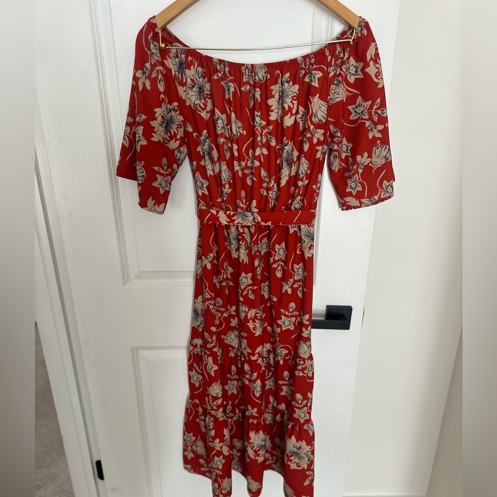 West Kei Red Floral Off-Shoulder Midi Dress | Women’s XL | Belted Boho Style